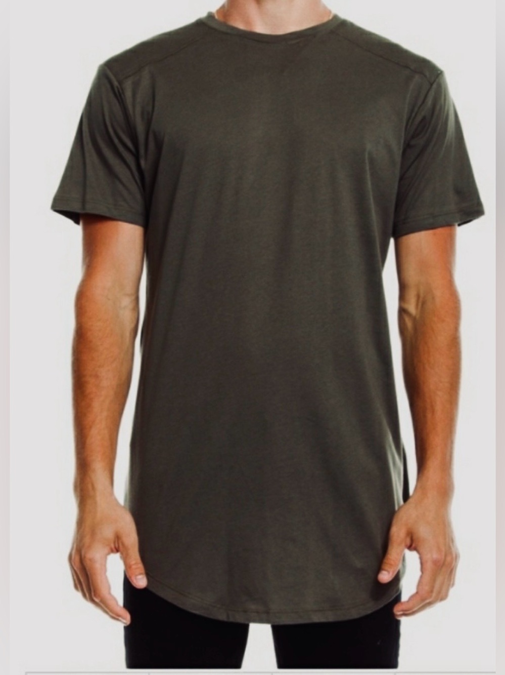 H&M Dark Green Men's Short Sleeve LongFit Round Hem  Crew Neck Tee